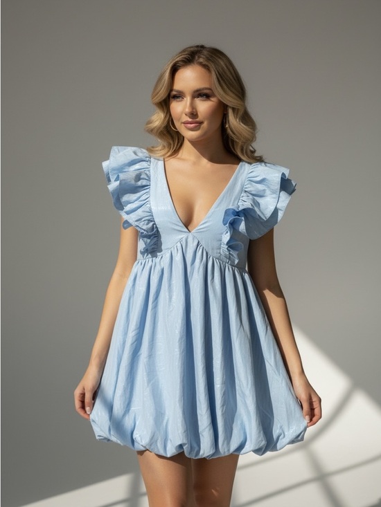 glam Dresses & Skirts - Glam Powder Blue Ruffle V-Neck Mini Dress